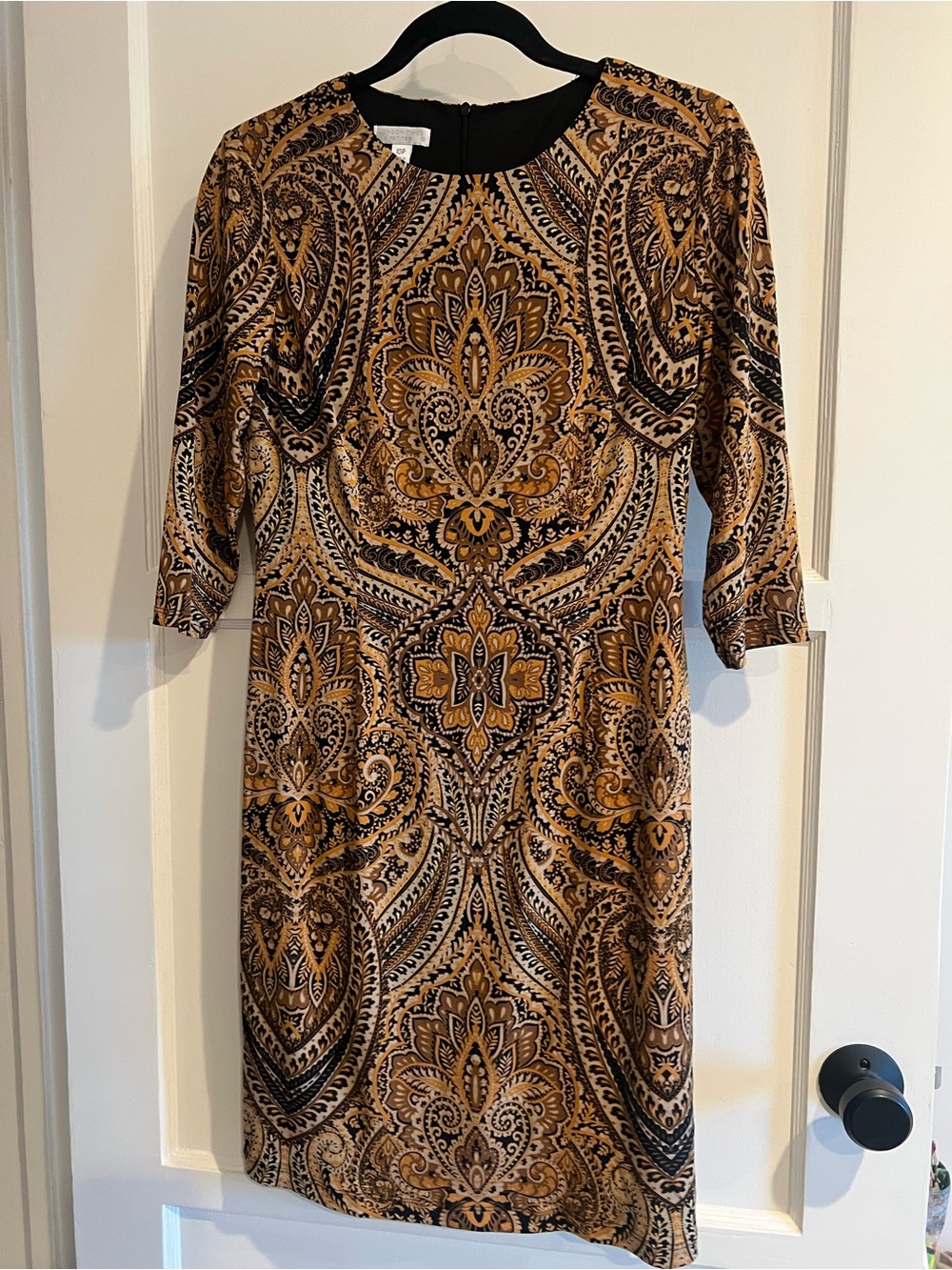 London Times Black and Gold Paisley Sheath Dress
